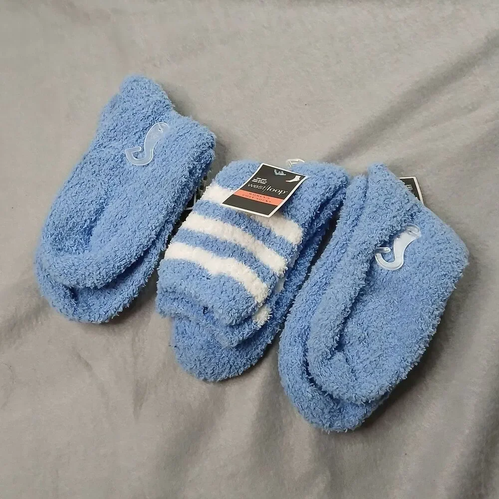 3 pair Westloop Fuzzy Crew Socks Blue White Warm Soft NWT Women's Size: 4-10